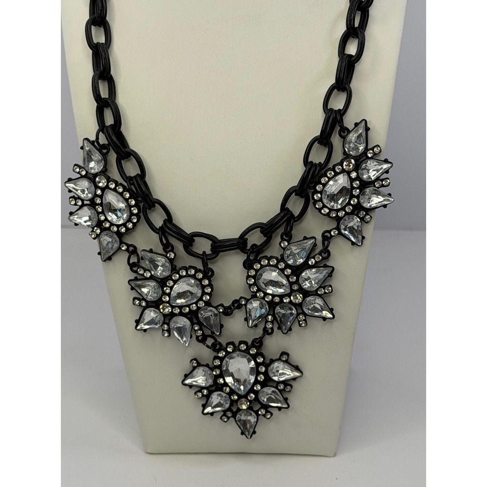 Black Statement Bib Necklace Clear Crystal Rhinestone Floral Cluster Goth Glam - Picture 2 of 5